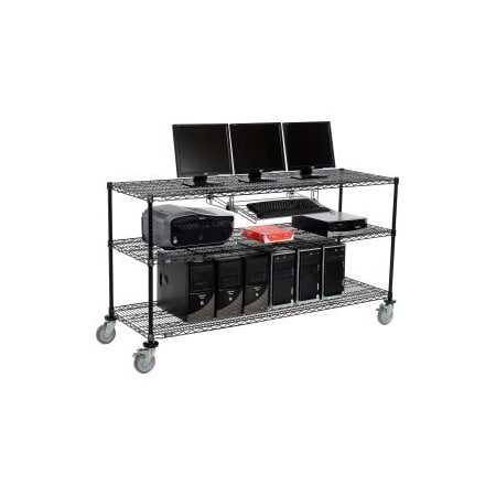 Global Equipment Nexel     3-Shelf Mobile Wire Computer LAN Workstation w/Keyboard Tray, 72"W x 24"D x 40"H, Black 695382BK